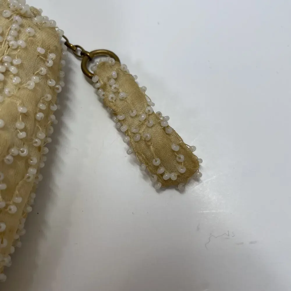 Vintage Ivory Beaded Clutch Purse Evening Bag Chevron Gold Accents